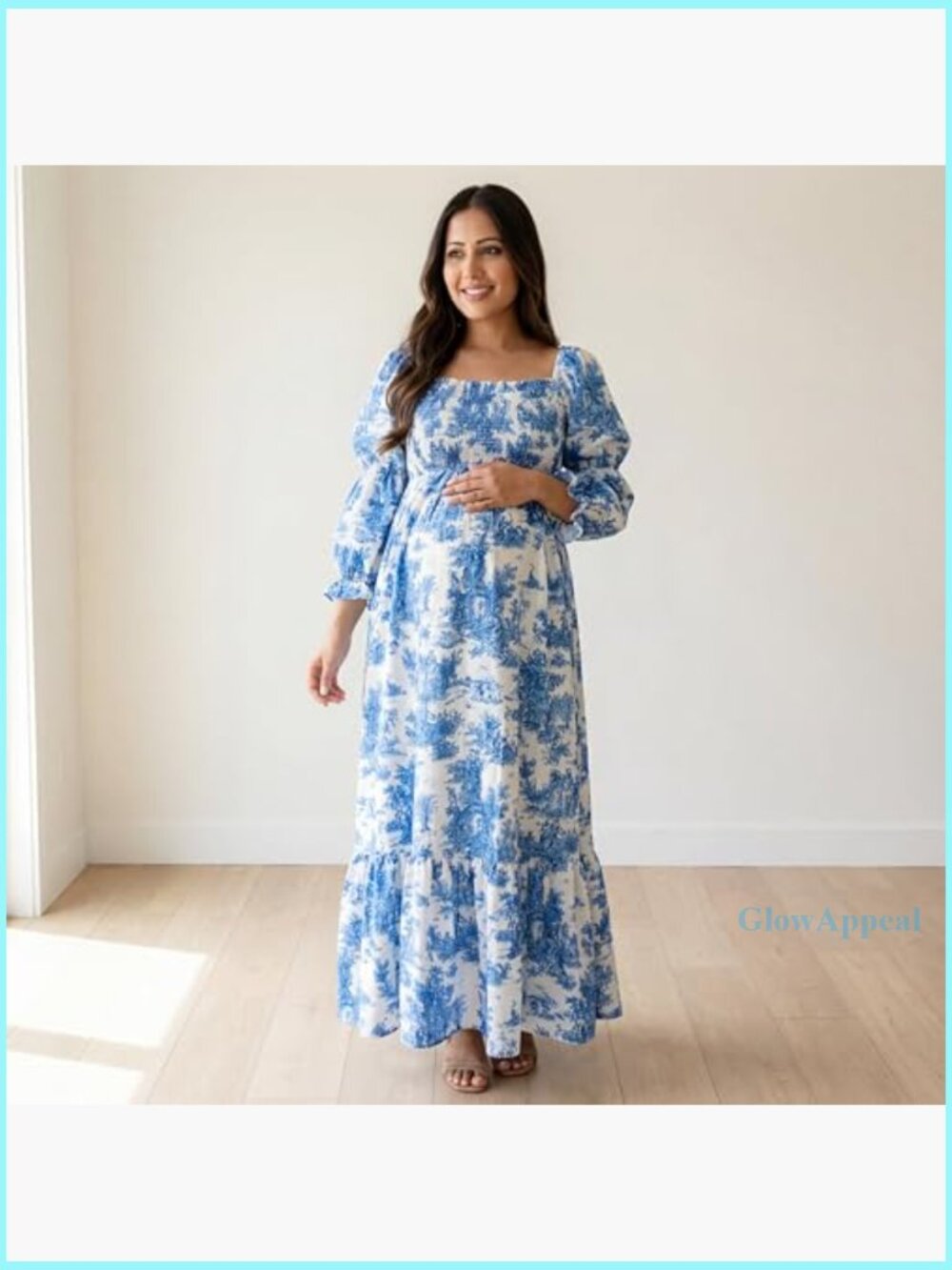 Ruffle Ruched High Waist Puff Sleeve Maternity Maxi Dress Long Sleeve - Picture 3 of 5